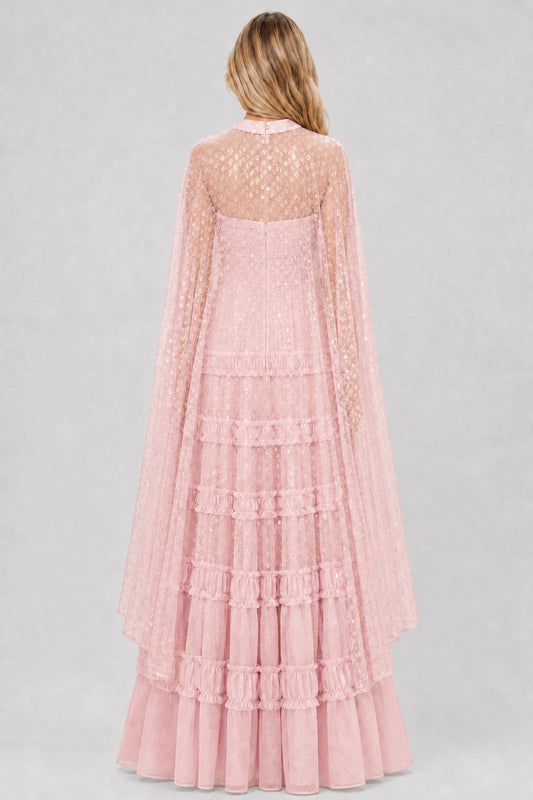 Lyséane Strapless Ruffle-Tier Cape Maxi Dress / Pink