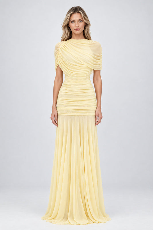 Mado One Shoulder Ruched Maxi Dress / Yellow