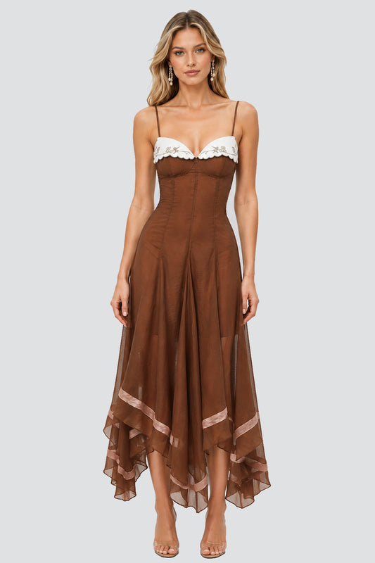 Marceline Scalloped-Embroidered Corset Handkerchief Midi Dress / Khaki