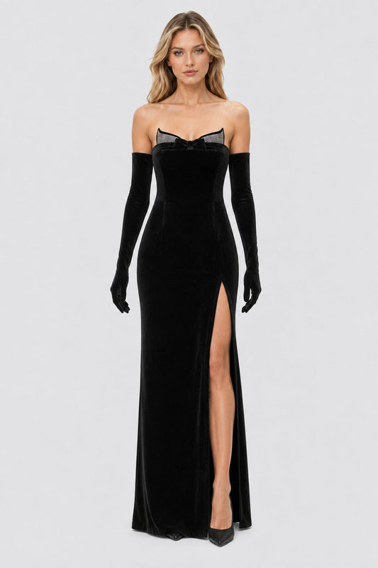 Noctélie Strapless Rhinestone Velvet Slit Maxi Dress / Black