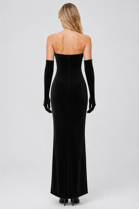 Noctélie Strapless Rhinestone Velvet Slit Maxi Dress / Black