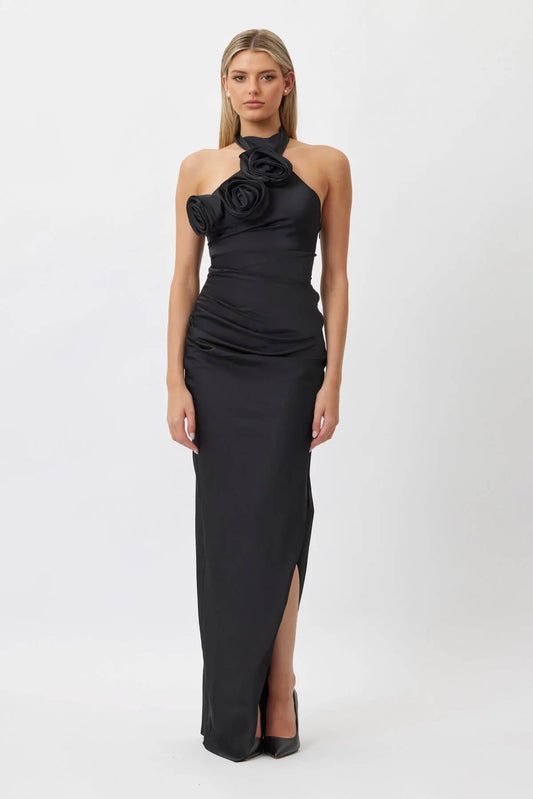 Bellevue Satin Floral Rose Halter Maxi Dress