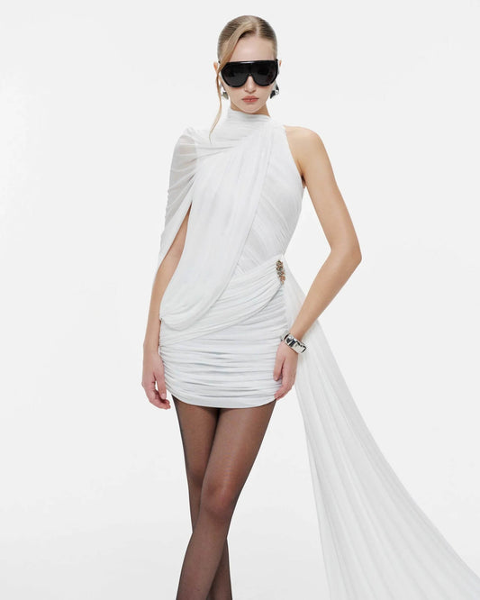 Instinct One Shoulder Draped Ruched Mini Dress / White