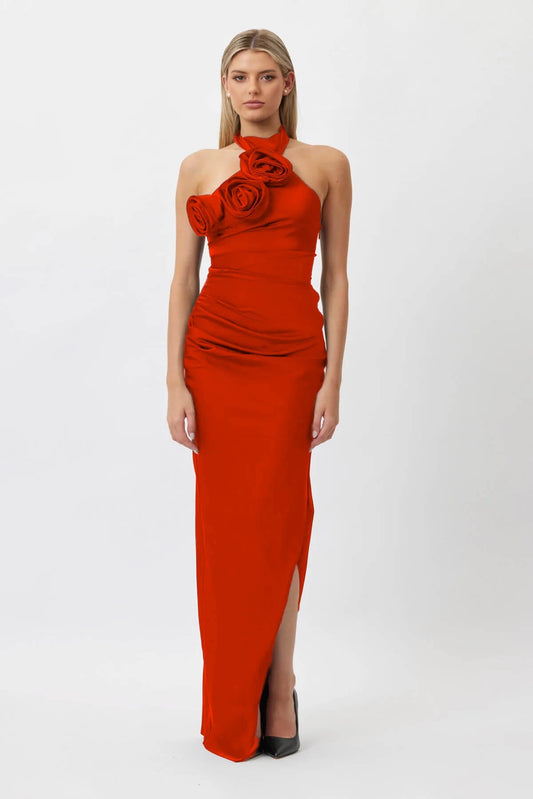 Bellevue Satin Floral Rose Halter Maxi Dress