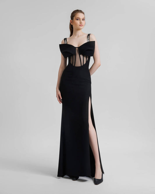 Éclatante Corset High Slit Mesh Maxi Dress