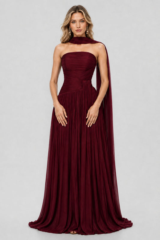 Oiseau Strapless Pleated Maxi Dress / Burgundy