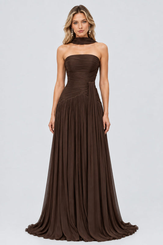 Oiseau Strapless Pleated Maxi Dress / Brown