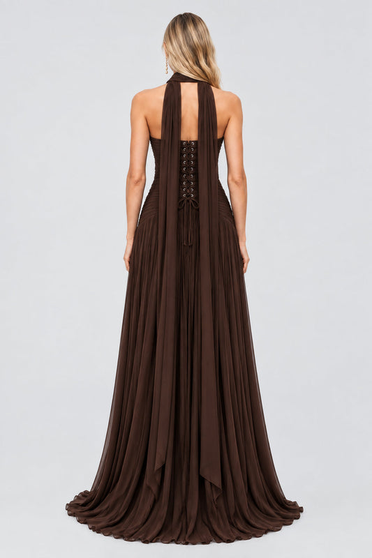 Oiseau Strapless Pleated Maxi Dress / Brown