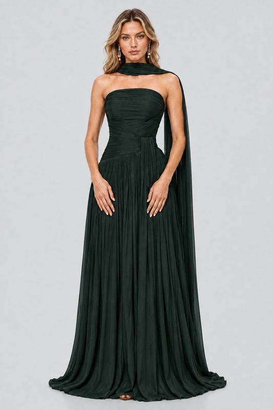 Oiseau Strapless Pleated Maxi Dress / Dark Green