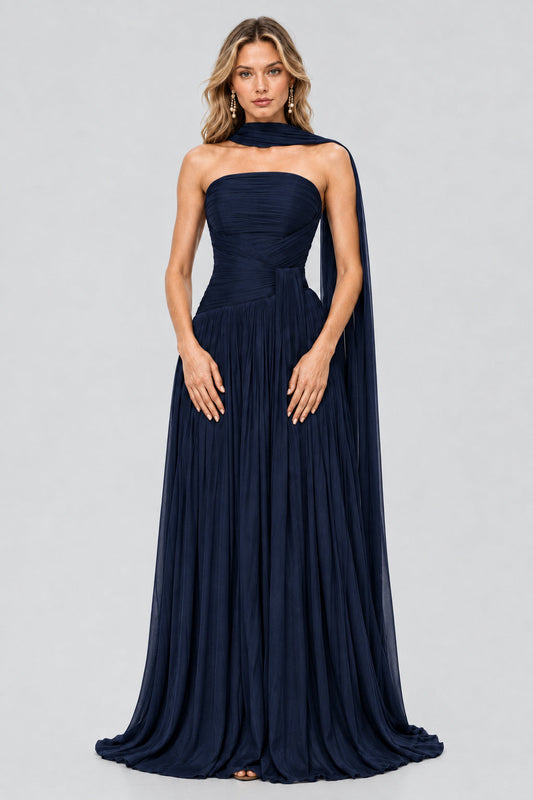 Oiseau Strapless Pleated Maxi Dress / Navy