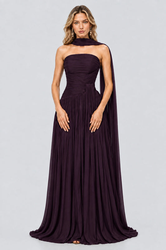 Oiseau Strapless Pleated Maxi Dress / Plum