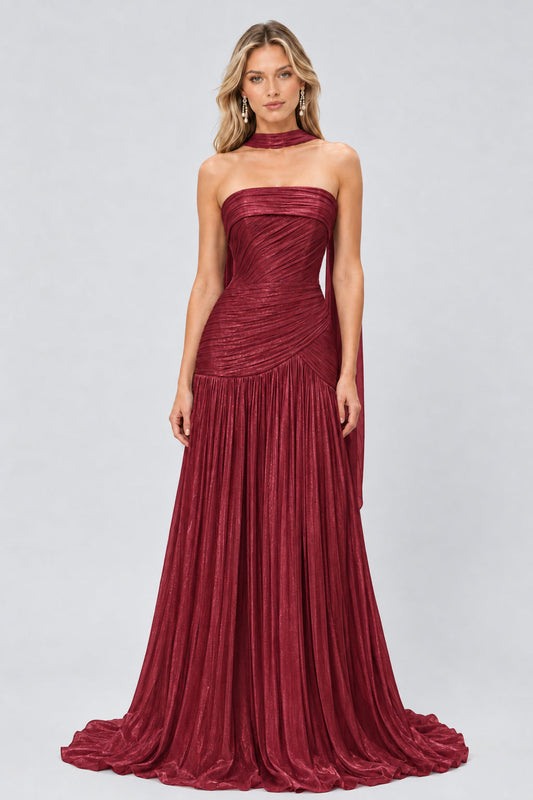 Ondeline Strapless Draped Drop-Waist Maxi Dress / Crimson