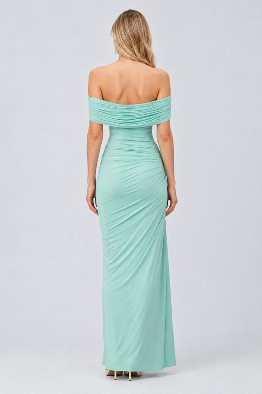 Osmanthe Asymmetrical Ruched Tulle Maxi Dress / Green
