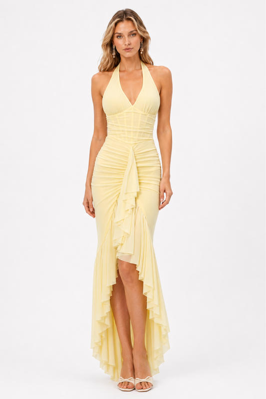 Pépite Butter Yellow Halterneck Ruched Maxi Dress
