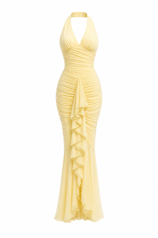 Pépite Butter Yellow Halterneck Ruched Maxi Dress