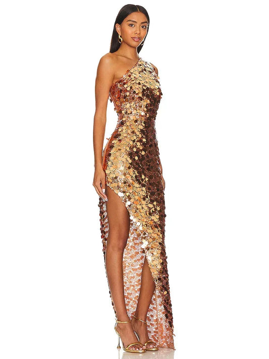 Aurore One Shoulder Gold Sequin Maxi Dress