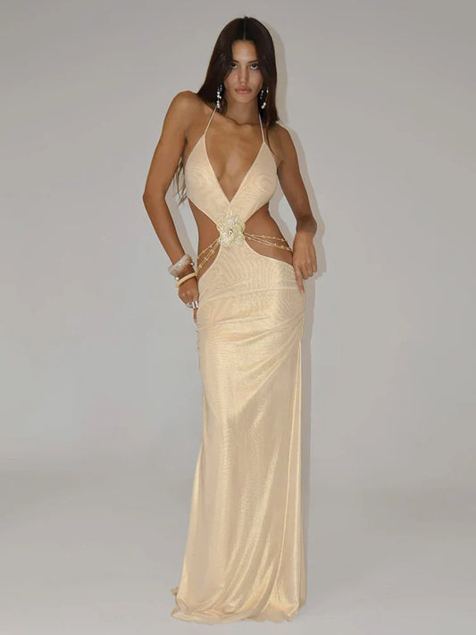 Roxane Satin Halter Neck Cutout Maxi Dress