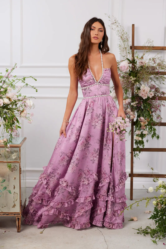 Opéra Floral Plunge Slit Maxi Dress