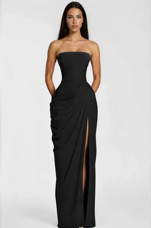 Azalée Strapless Draped High-Slit Maxi Dress / Black