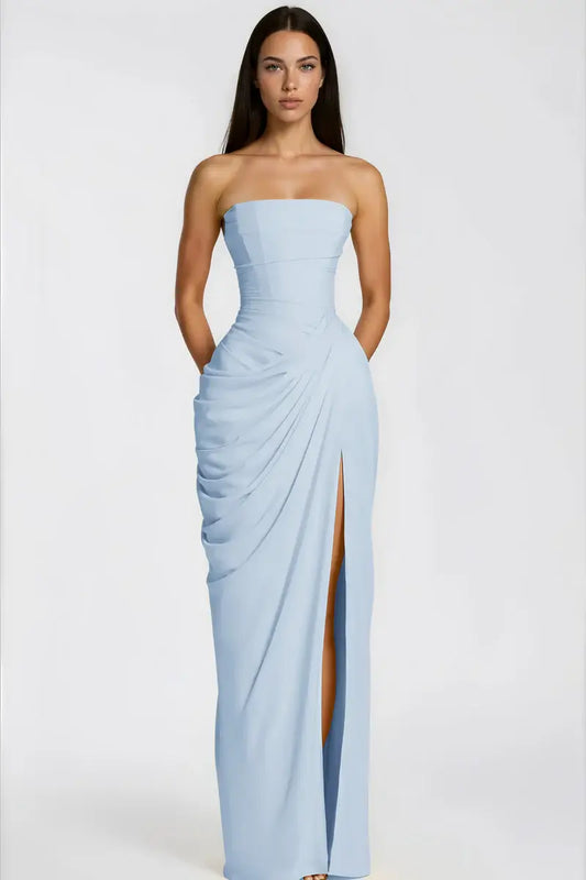 Azalée Strapless Draped High-Slit Maxi Dress / Blue