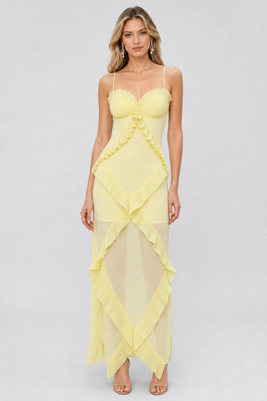 Seraphine Pleated-Ruffle Cami Maxi Dress / Yellow