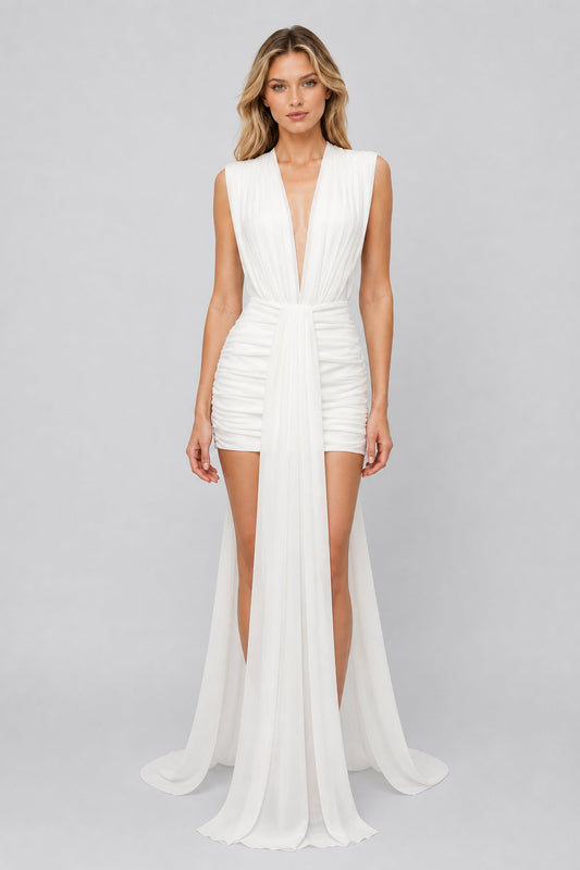 Soléane Plunging Ruched Draped-Train Mini Dress / White