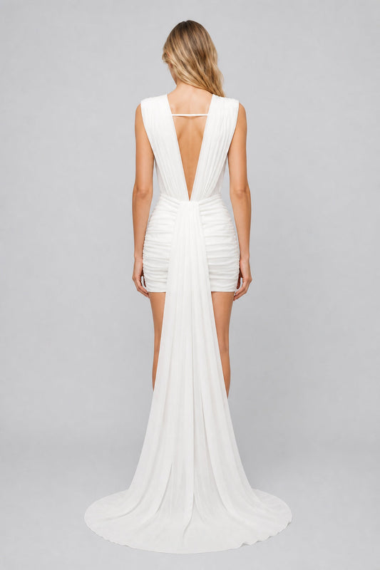 Soléane Plunging Ruched Draped-Train Mini Dress / White