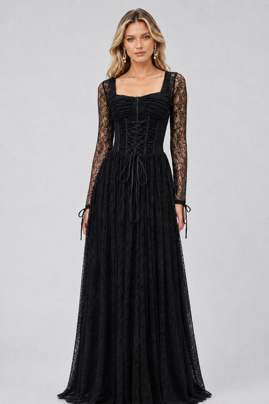 Soléanne Square-Neck Floral-Lace Corset Maxi Dress / Black