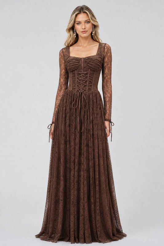Soléanne Square-Neck Floral-Lace Corset Maxi Dress / Brown
