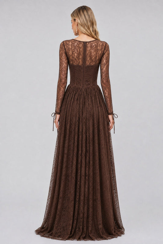Soléanne Square-Neck Floral-Lace Corset Maxi Dress / Brown