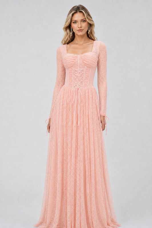 Soléanne Square-Neck Floral-Lace Corset Maxi Dress / Pink