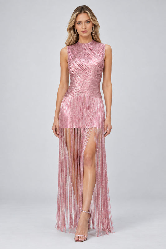 Symphonie Fringe High Neck  Maxi Dress