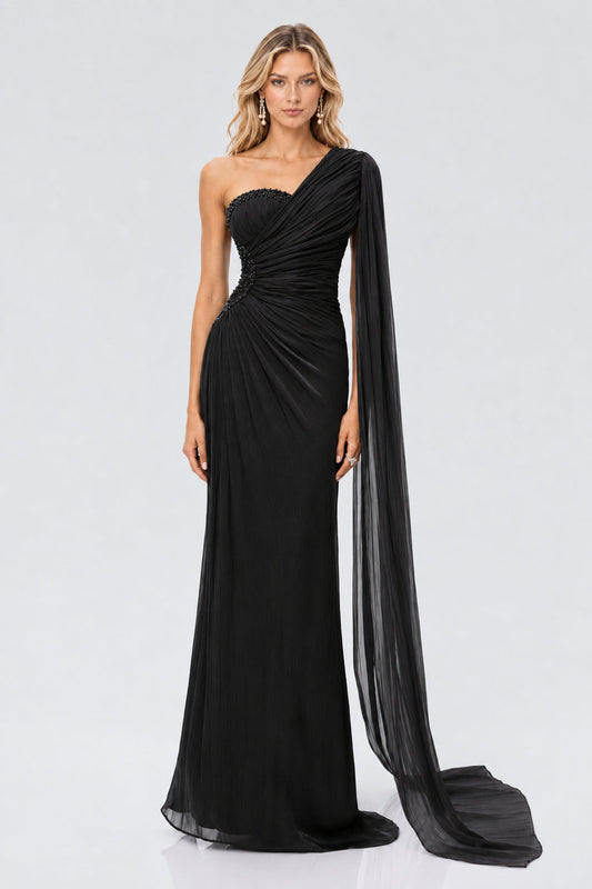 Tiphaine One Shoulder Ruched Maxi Dress / Black