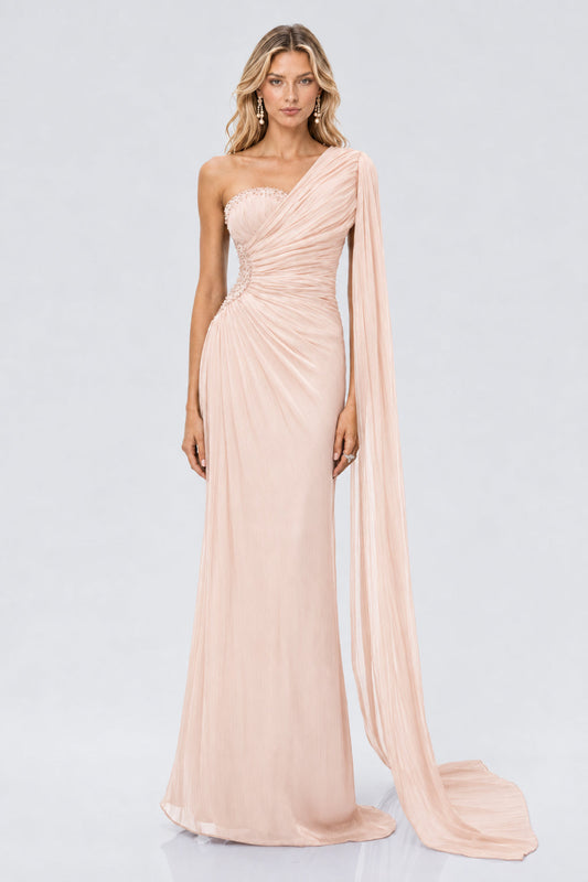 Tiphaine One Shoulder Ruched Maxi Dress / Shell Pink
