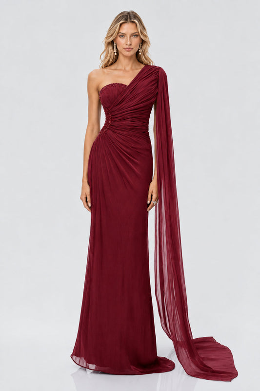 Tiphaine One Shoulder Ruched Maxi Dress / Red