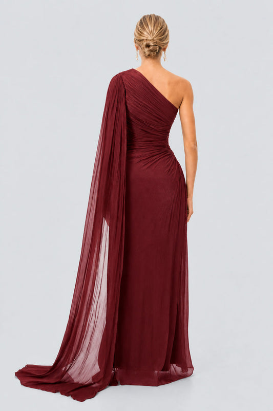 Tiphaine One Shoulder Ruched Maxi Dress / Red