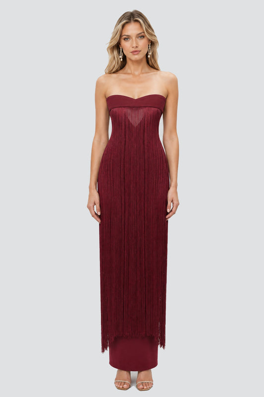 Valezine Strapless Fringe-Overlay Column Maxi Dress / Burgundy