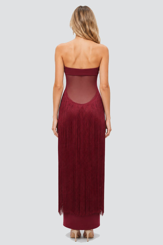Valezine Strapless Fringe-Overlay Column Maxi Dress / Burgundy