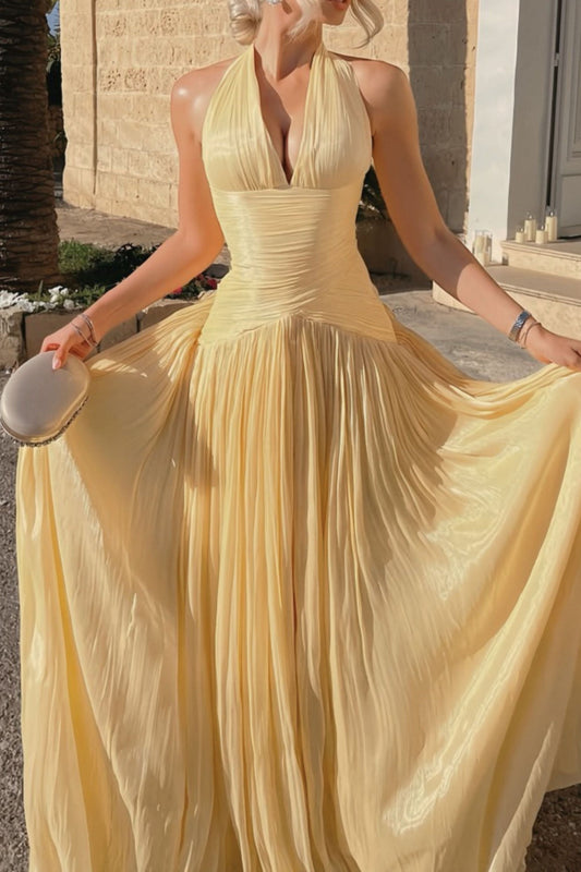 Verdelune Halter Pleated Slit Maxi Dress / Yellow