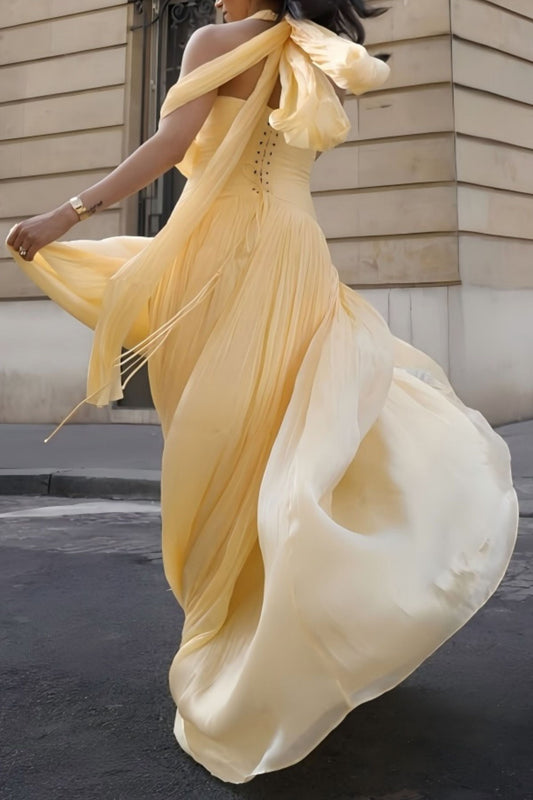 Verdelune Halter Pleated Slit Maxi Dress / Yellow