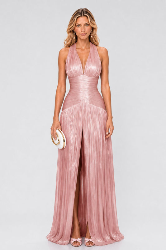 Verdelune Halter Pleated Slit Maxi Dress / Rose Pink
