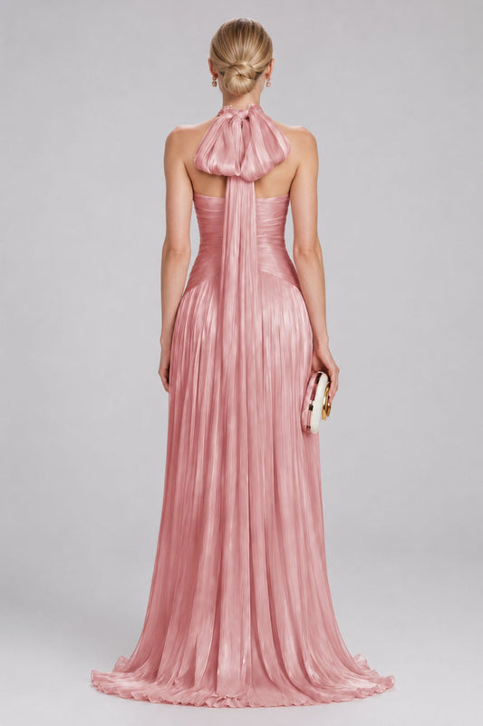 Verdelune Halter Pleated Slit Maxi Dress / Rose Pink