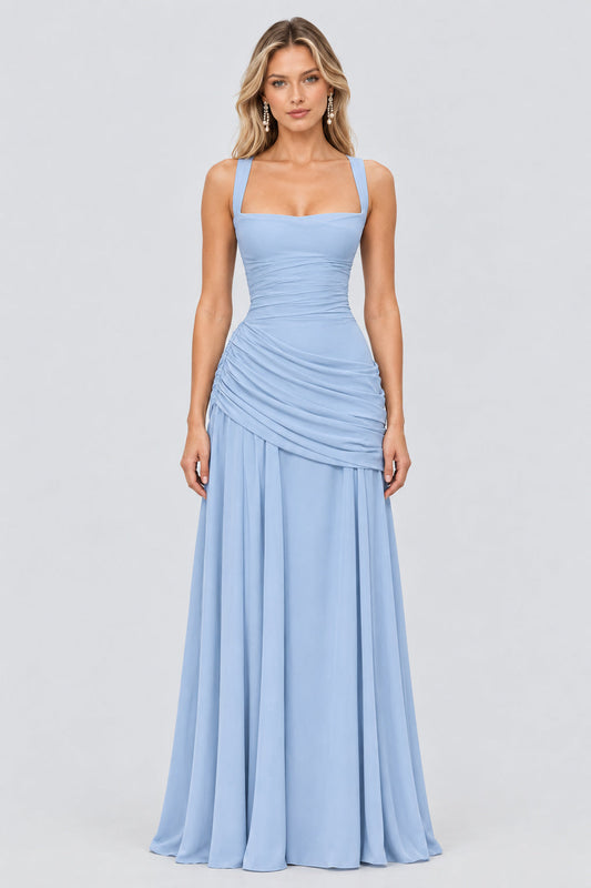 Victoire Square Neck Elegant Maxi Dress / Blue