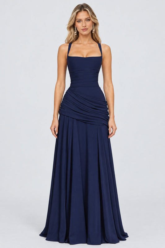 Victoire Square Neck Elegant Maxi Dress / Navy
