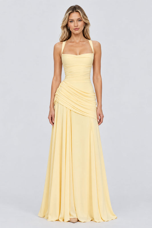Victoire Square Neck Elegant Maxi Dress / Yellow