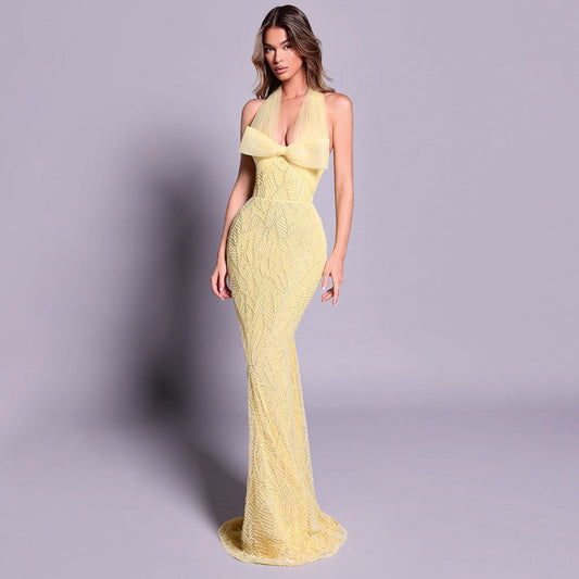 Vitesse Halter Maxi Dress with Bow in Yellow