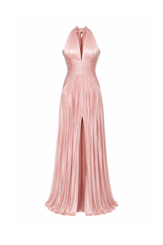 Vraie Plunging V-Neck Pleated Maxi Dress / Rose Pink