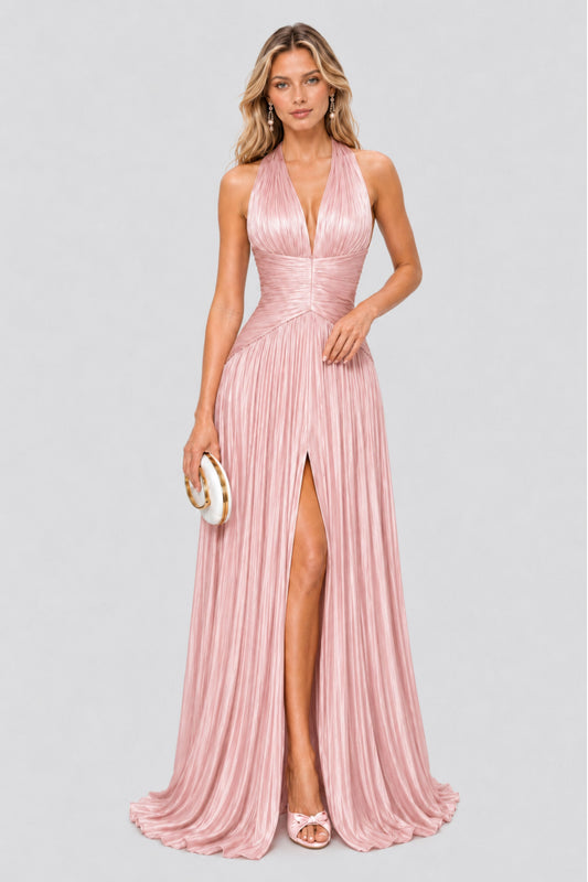 Vraie Plunging V-Neck Pleated Maxi Dress / Rose Pink