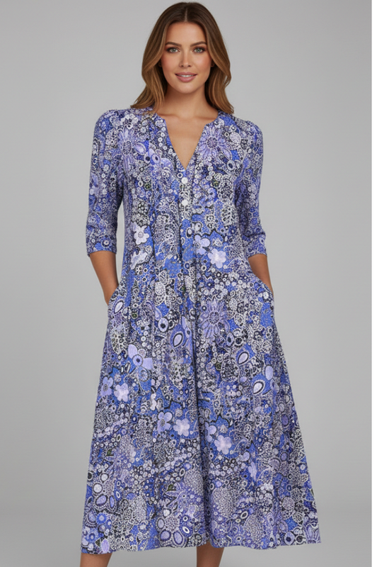 Women’s Midi Dress with V-Neck and Three-Quarter Sleeves - Spring Evening Event