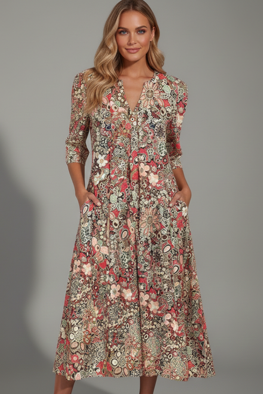 Women’s Midi Dress with V-Neck and Three-Quarter Sleeves - Spring Evening Event